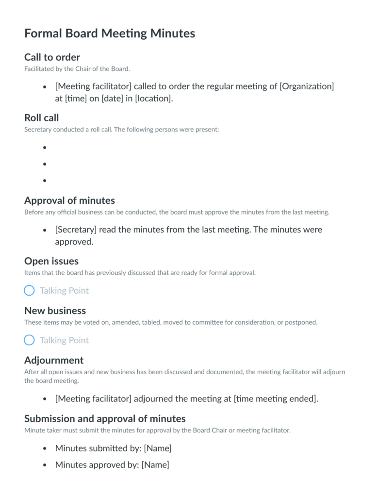 Formal Board Meeting Minutes Template
