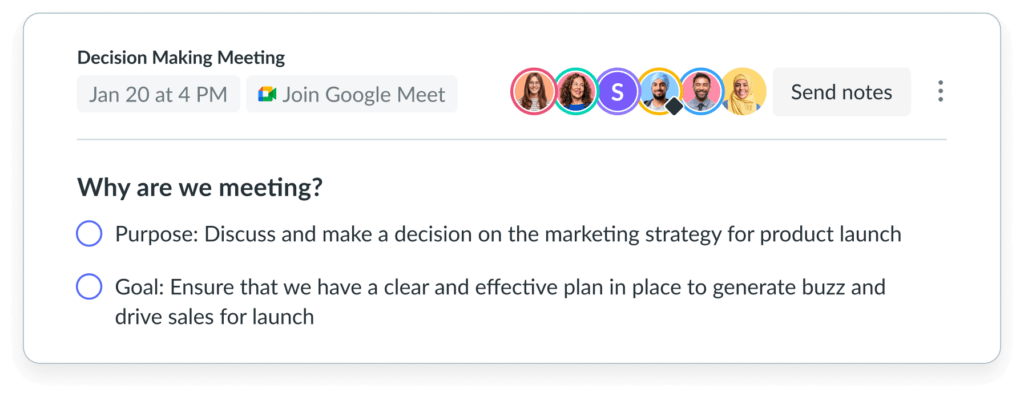 Meeting minutes for a decision making meeting. Notes start with the purpose "Why are we meeting?". Also shows date of meeting, and attendees